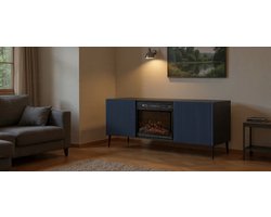TV Meubel met Elektrische Haard TasalFurniture Ravenna Deluxe 2D – 170x42x63 cm – Modern Design – Flammeneffect – Zwart Mat/Donkkerblauw – 2 Deuren – 2 Planken – Push-to-Open – Metalen Poten – TV Kast voor Woonkamer