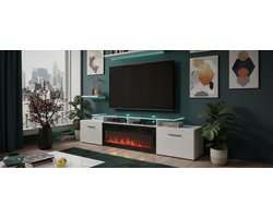 TV-meubel met elektrische haard – TasalFurniture Romma Lux 197 cm – Modern wit tv-dressoir met 2 kleppen – Lowboard met realistisch vlameffect – TV kast woonkamer – Strak design houtlook