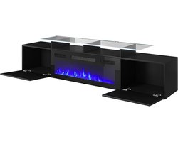 TV meubel met elektrische haard TasalFurniture Romma Lux – 197 cm – Zwart – Modern TV kast met realistische vlammen, 2 kleppen, opbergruimte & lowboard design – Haardmeubel voor woonkamer