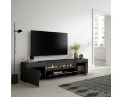 TV-meubel met elektrische LED-haard – 200 cm breed – voor tv's tot 80 inch – Zwart houtnerf – Moderne stijl – Met opbergruimte