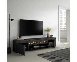 TV-meubel met elektrische LED-haard – 200 cm breed – voor tv's tot 80 inch – Zwart houtnerf – Moderne stijl – Met opbergruimte -