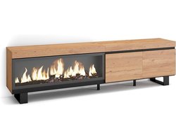 TV-Meubel met Elektrische Open Haard TasalFurniture Ardelyx – 210 cm – Industrieel Design in Eikenhout – Lowboard voor TV tot 80 inch – Moderne Hoogwaardige TV-Kast met LED 3D Vlameffect Zonder Verwarming – Stevige Metalen Poten – Luxe Woonkamermeube