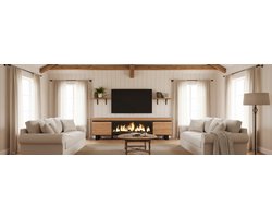 TV-Meubel met Elektrische Open Haard TasalFurniture Granthor – 210 cm – Industrieel Design in Eiken – Lowboard voor TV tot 80 inch – LED 3D Vlameffect Zonder Verwarming – Moderne Stijl met Metalen Poten – Luxe TV-Kast voor Woonkamer