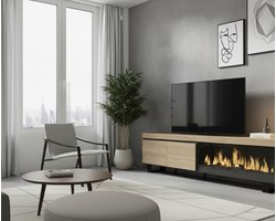 TV-Meubel met Elektrische Open Haard TasalFurniture Larevia – 210 cm – Industrieel Eiken Design – Lowboard voor TV tot 80 inch – Moderne Luxe TV-Kast met LED 3D Vlameffect & Afstandsbediening – Stevige Metalen Poten – Stijlvol Woonkamermeubel