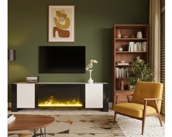 TV-Meubel met Elektrische Open Haard TasalFurniture Lumora – Hoogglans Wit met Zwarte Accenten – Lowboard 165 cm – Modern Design TV-Kast met Realistisch Vlameffect – Zonder Verwarming – Luxe Opbergkast voor Woonkamer