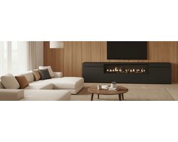 TV Meubel met Elektrische Open Haard – TasalFurniture Modern Luxe TV Kast 200 cm – Geschikt voor TV’s tot 80 Inch – LED 3D Vuureffect met Afstandsbediening – Zwart Houtnerf – Opbergkast voor Woonkamer – 34W Sfeerverwarming zonder Warmte – Vrijstaand