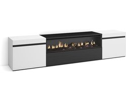 TV-Meubel met Elektrische Open Haard TasalFurniture Vellvoria – 200 cm – Modern Hoogglans Wit & Zwart Design – Lowboard voor TV tot 80 inch – Luxe TV-Kast met LED 3D Vlameffect, Afstandsbediening & Opbergruimte – Zonder Verwarming – Vrijstaand Woonka