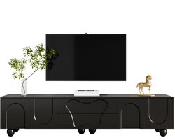 tv meubel met gebogen deuren en houten poten - Opbergmeubel voor woonkamer - 180 cm breed - Zwart - 2 deuren en lades - Geschikt voor tv tot 70 inch