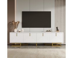 tv meubel met gestructureerde deuren - Voor woonkamer en mediakamer - 160 cm breed - Wit - Gouden grepen en poten - 4 deuren met verborgen opbergruimte - Gedempte scharnieren - Verstelbare poten
