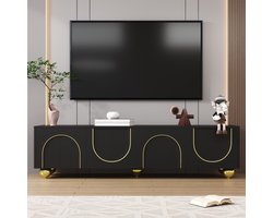 Tv-meubel met getextureerde deuren - gouden bies - gouden ronde poten - inclusief planken - 170 x 38 x 44 cm - zwart