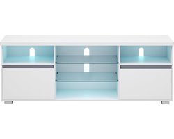 TV-Meubel met LED Verlichting – 160 cm – Geschikt voor TV’s tot 70 inch – TV Kast met 2 Deuren en Open Planken – Verstelbare Glasplaten – Wit – Modern TV Dressoir voor Woonkamer