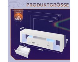 TV Meubel met LED Verlichting 160 cm – House&Garden Modern TV Kast voor 50 t/m 75 Inch TV – Wit TV Dressoir met 2 Laden, 7 Opbergvakken, RGB Verlichting met Afstandsbediening, Houten TV Meubel voor Woonkamer en Slaapkamer