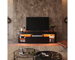 TV Meubel met LED Verlichting 160 cm Zwart – House&Garden NovaLux TV Kast voor 50 t/m 75 Inch TV – Modern Lowboard met 2 Laden, 7 Opbergvakken, RGB Verlichting, TV Dressoir voor Woonkamer, Gamekamer en Slaapkamer