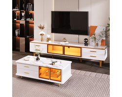 TV Meubel Met LED Verlichting - 170x37x47.5 Cm - Marmerlook, 4 Laden Met Gouden Handgrepen, 2 Glazen Deuren - Wit/Goud