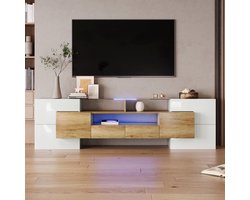 TV Meubel Met LED Verlichting - 200cm Hoogglans Wit - 6 Deuren, 2 Laden, Glazen Blad - Woonkamer Kast
