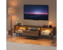 TV-Meubel Met LED-Verlichting En Kattenhuis - Modern TV Dressoir Met Gehard Glazen Deuren, Opbergruimte En Lade - Walnootkleur MDF 180x40x50 cm