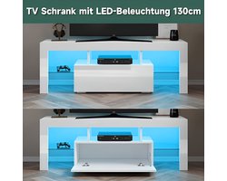 TV Meubel met LED Verlichting – Hoogglans Wit TV Kast 130 cm – Modern Lowboard met Glazen Planken – Greeploos Design – Voor TV’s tot 65 inch – Luxe Woonkamermeubel – Medahomestore