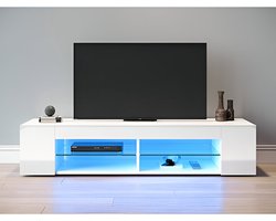 TV Meubel met LED Verlichting – Modern Wit TV Kast 135 cm – Glazen Planken – Lowboard voor Woonkamer – Opbergkast voor Televisie – Strak Design TV Meubel – Medahomestore