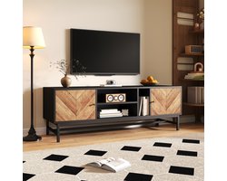 tv meubel met omgekeerde V-deuren - Opbergkast voor woonkamer - 150 cm - Zwart en hout - Horizontale en verticale vakken - IJzeren poten met middenstabilisator