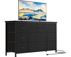 Tv-meubel met oplaadpoort-Industriële ladekast met 10 stoffen lades–Houten blad- metalen frame – Modern dressoir voor hal-woonkamer- slaapkamer- kantoor–Stabiel en stevig -Zwart
