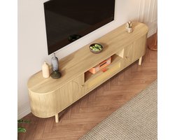 tv meubel met rattan lades en afgerond design - Voor woonkamer en mediakamer - 175 cm breed - Houtkleur - Open vakken en kabeldoorvoer - Metalen poten met houtlook