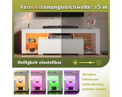 TV-meubel met RGB LED-verlichting – Urbanhome Lumina Glow Lowboard – 160 cm – Wit – Televisiekast met Laden en Open Planken – Modern TV-meubel voor Woonkamer en Slaapkamer