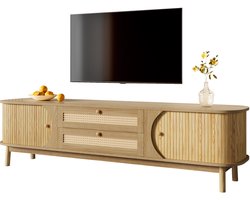 TV Meubel met Rieten Fronten, Landhuis Stijl, Massief Houten Constructie, Opbergkast met Deuren en Laden, Natuurlijk Afwerking, Woonkamer Meubilair