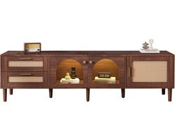 TV-Meubel Met Rotan Laden En LED-Verlichting - Modern TV Dressoir Met Glazen Deuren, Opbergruimte En Verstelbare Poten - Bruin 180x40x50 cm