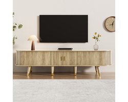 TV Meubel met Schuifdeur, Landelijke Stijl in Lichte Houten Look, Met Gouden Handgrepen en Poten, Multifunctioneel met Open Vakken en Laden, Eenvoudig te Monteren
