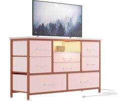 Tv-meubel met stoffen lades- commode- tv-meubel met ledverlichting- metalen frame- ladekast met organizer- voor slaapkamer- hal-woonkamer-roze