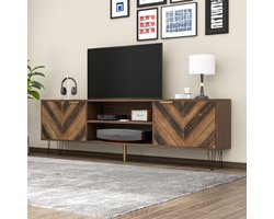 TV-meubel met twee deuren, deuren van massief houtfineer. TV-meubel met twee vakken, laag paneel, TV-meubel. Gouden handvatten en ijzeren voetjes