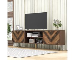 Tv meubel met twee deuren - twee vakken - lage plank - tv-kast - gouden handgrepen en metalen poten - houtkleur