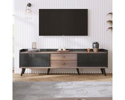 TV-meubel met twee lades, TV-tafel TV-plank, TV-lowboard laag bord met twee schuifdeuren. Prachtige textuur. Zwart en natuurlijke houtkleur. H58/L160/D40 cm