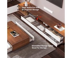 TV-meubel modern 240 cm – Lage witte houten multimediaconsole met 4 lades en open opbergplanken, notenfineer MDF, soft-close, gebogen hoeken – Abkantoor