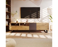 tv meubel - modern colorblock design met houtnerf - 180 cm breed - eiken/antraciet - ruime opbergruimte met deuren en lades - handgreeploos push-to-open systeem - stabiele zwarte metalen poten
