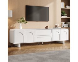 TV-Meubel - Modern TV-lowboard met ronde vormen en bogen - Met deuren, lades en kabeldoorvoeren - 180 cm - Wit