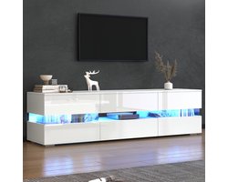 TV-meubel Moderne witte hoogglans tv-kast - 160 x 39 x 45 cm - met ledverlichting, 2 deuren, 1 lade, open vak, geschikt voor 70-inch tv's - met acrylglas inzetstuk en push-to-open design