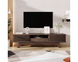 Tv-Meubel Natuur - Retro Lowboard 150 cm met Lamellendeuren en Lade - Houten Tv-Kast voor 60-69 Inch Tv