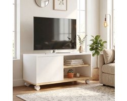 TV Meubel Op Wielen En Remmen - Verstelbare Plank En Opbergkast - Woonkamer Slaapkamer Speelkamer - Wit En Licht Eiken - 80 Cm