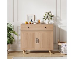 TV-meubel-Opbergkast eiken houtkleur met lade en dubbele deuren- landelijk dressoir met houten poten voor woonkamer en hal-Natuurlijke houtkleur