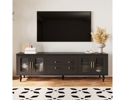 TV-Meubel - Retro Lowboard met Glazen Deur en Massief Houten Poten - MDF/Glas - Houtkleur