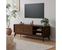 Tv-Meubel - Rotan Schuifdeuren En Open Vakken - Voor Televisies Tot 65 Inch - MDF En Hout - 150x40x50 Cm - Walnootkleur