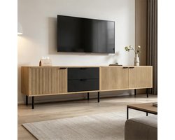 TV Meubel Rotan Walnoot 170 x 38 x 39,5 cm – TV Kast met Rotan Laden en Massief Houten Deuren – Japandi Boho TV Dressoir met Opbergruimte voor Woonkamer – Mobili Bella
