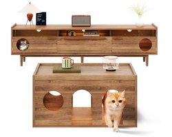 TV-meubel + salontafel set met LED – notenkleur, kattenmand inbegrepen, 2-delig, huisdier-meubel