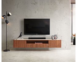 TV-meubel Secara 200 cm acacia bruin 2 deuren 2 laden marmer zwevend