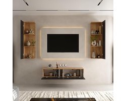 TV Meubel Set 140 cm + 2 Zijkasten 40x130x17 cm & Lowboard 140x30x37.8 cm – Zwevend en Staand TV Wandmeubel Modern Design Gold Oak / Antraciet