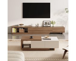 TV-meubel Set 255 cm Uitschuifbaar met Salontafel 175 cm – Walnoot Zwart Houten Woonkamermeubel met Opbergruimte & Lades – Moderne Design Meubelset – Abkantoor