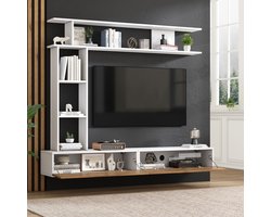 Tv Meubel Set - Wandkast Met Open Vakken En Kleppen - Hangend En Staand Voor Woonkamer - Wit En Houtkleur - 180 X 35 X 22 5 Cm