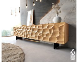 Tv-meubel Solu 220 cm natuurlijk eiken 2 deuren 4 laden onderstel zwevend metaal zwart 3D front