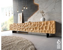 Tv-meubel Solu 260 cm natuur eiken 2 deuren 6 laden zwevend metaal zwart 3D front